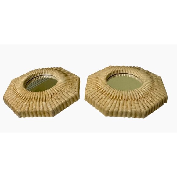 2 Homco Faux Wicker Rattan Wall Mirror Plastic Octagon Beige/Yellow Beach Decor - Picture 7 of 8
